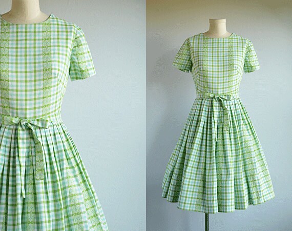 Vintage 50s Gingham Dress / 1950s Olive Green Turquoise Cotton