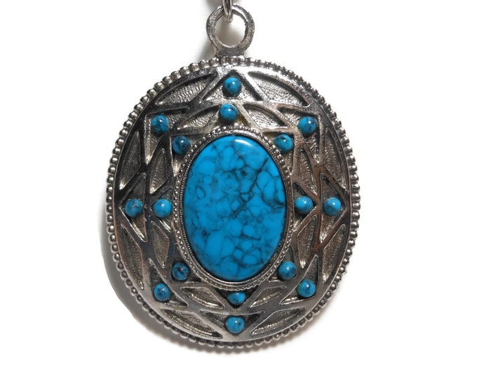 Whiting and Davis pendant necklace faux turquoise cabochon in silver southwestern design setting with link chain.