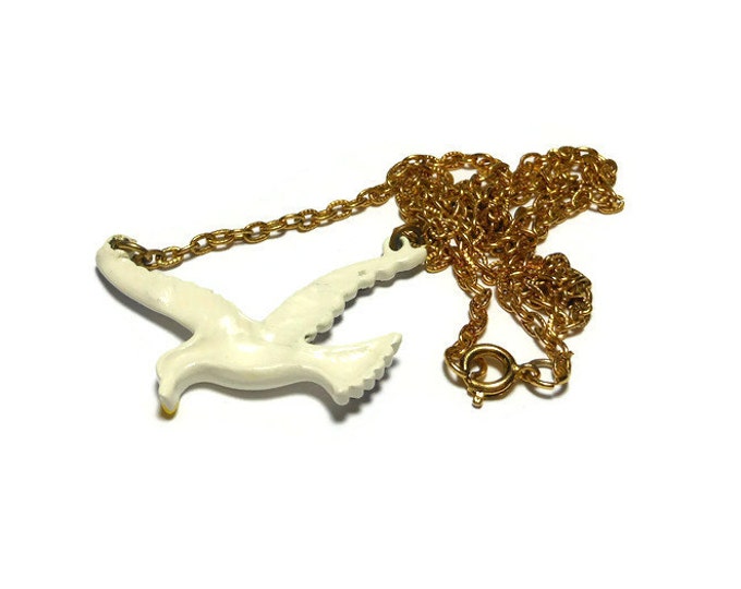 FREE SHIPPING White seagull necklace pendant, white enamel seagull with gold tone chain, yellow beak and black fringe on ends of feathers