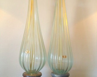 Italian murano glass lamps pair acquamare blue & gold