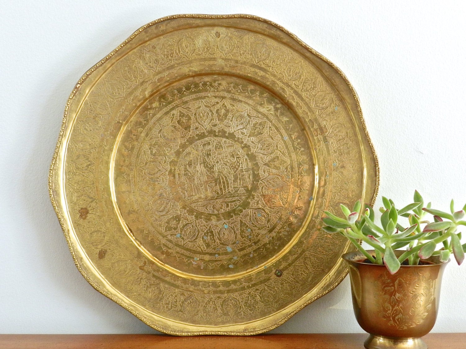 Vintage Brass Tray Large Round Tray Antique Brass by ModRendition