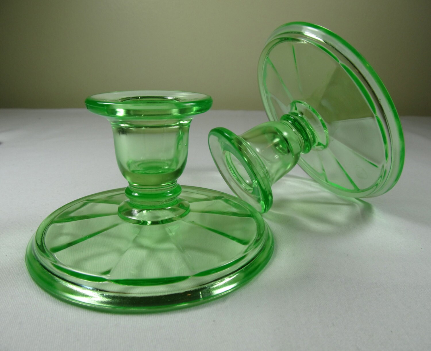 Uranium Green Glass Candlesticks Vintage by