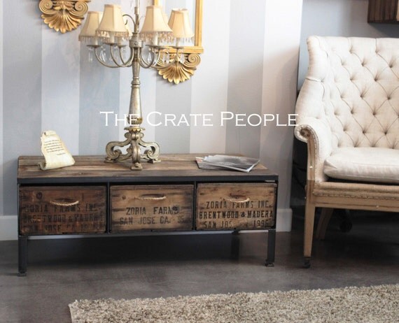 Zoria Crate Coffee Table with Rope Handles - Reclaimed Wood Top & Vintage Crates
