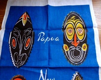 Vintage New Guinea Tea Towel With Masks Mint Unused Condition
