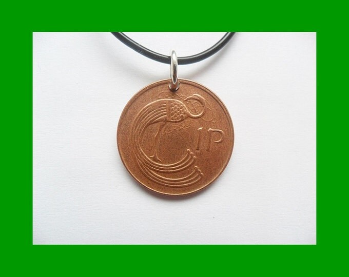 1988 Irish coin necklace old 1p penny, peacock pendant, year 1988