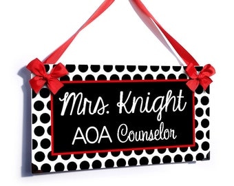 personalized school counselor classroom door sign - red and black polka dots - simple and elegant graduation gift - P2090