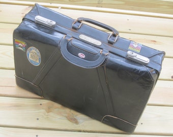 SALE!! Antique Black Leather Suitcase / Cowhide Black Luggage