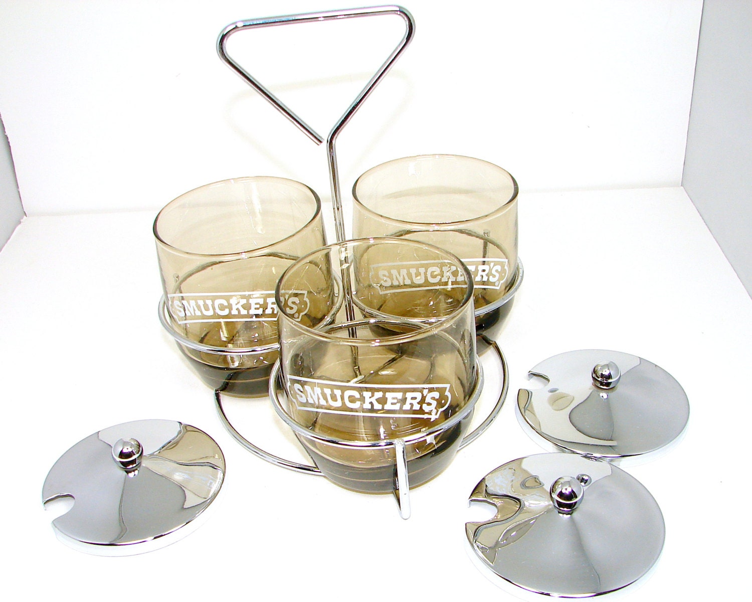 Smuckers Three Jar Jelly Server, Chrome Holder, Smuckers Jam Jars