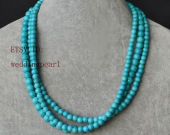 turquoise necklace,triple strand turquoise bead necklace, wedding necklace,statement necklace,6-8mm turquoise necklaces,bridesmaid necklace