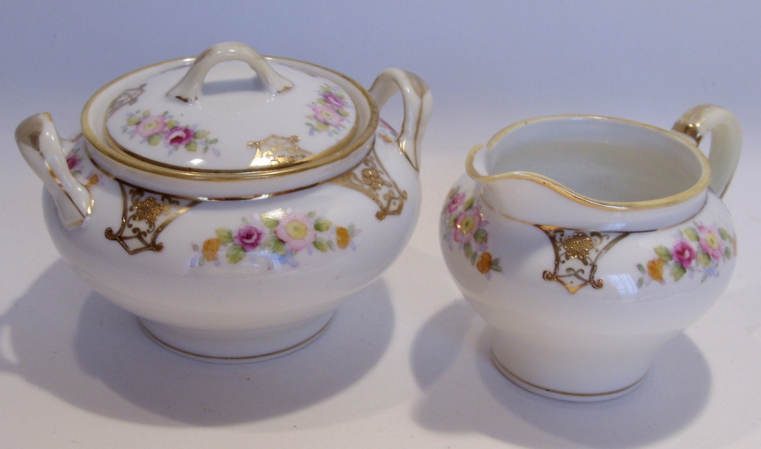 Nippon Hand Painted Sugar and Creamer Pink Roses and Gold Trim