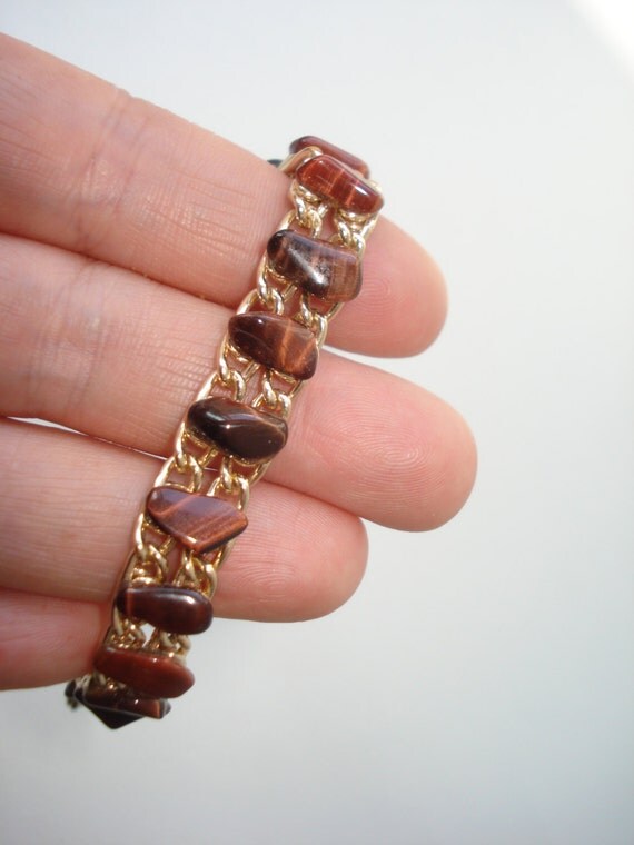 Vintage Brown Polished Stone Bracelet Chunky Link Jewellery