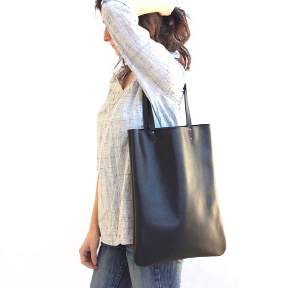 Black leather handbag leather tote bag black leather by LeahLerner