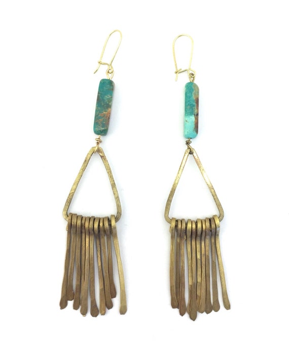 Natural Turquoise And Brass Fringe Boho Earrings By Avillajewelry