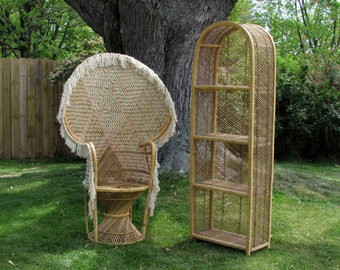 Free Greyhound SHIPPING Wicker & Bamboo Furniture - 1970s Peacock Chair - OR - Arched Shelving Unit - Livingroom, Bedroom Furniture Decor