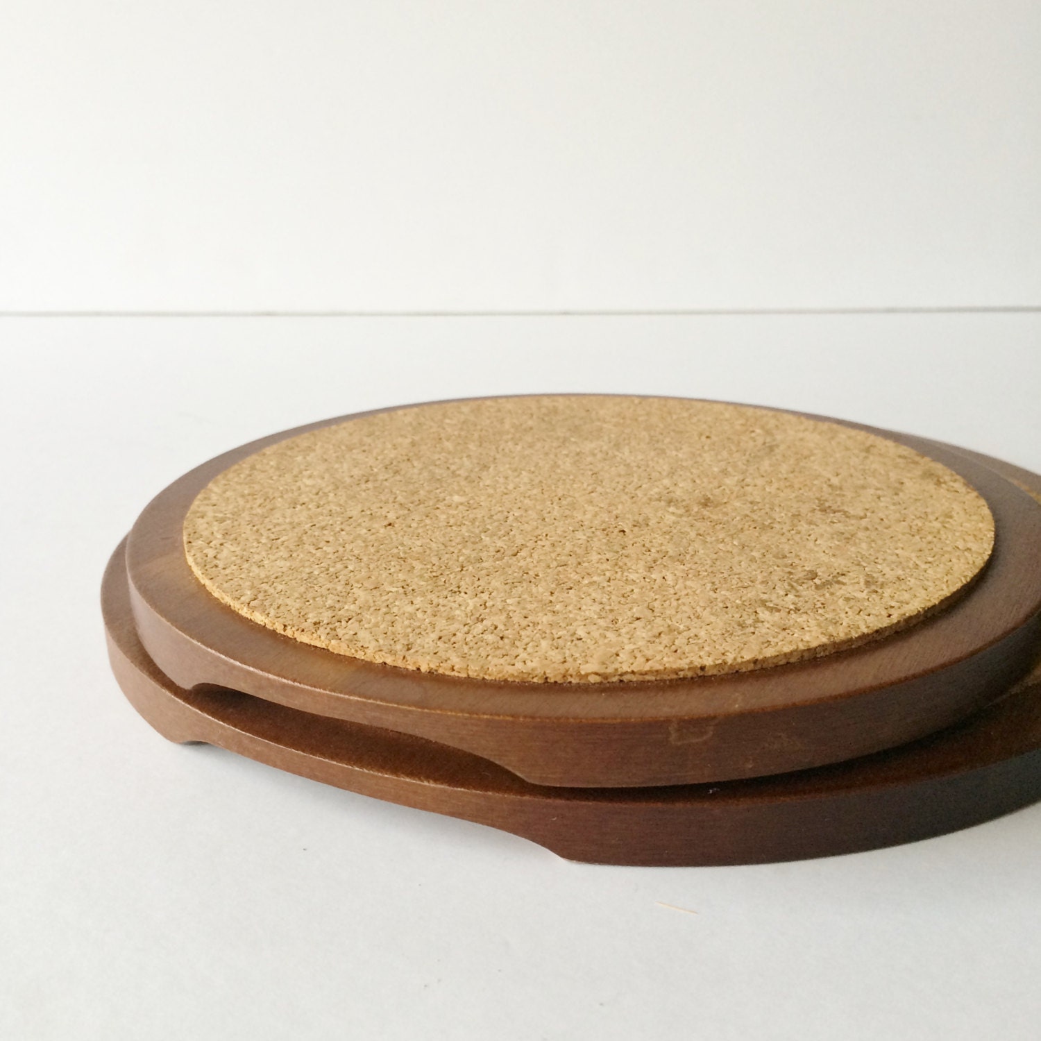 Vintage Wood and Cork Round Trivets Hot Pads Midcentury