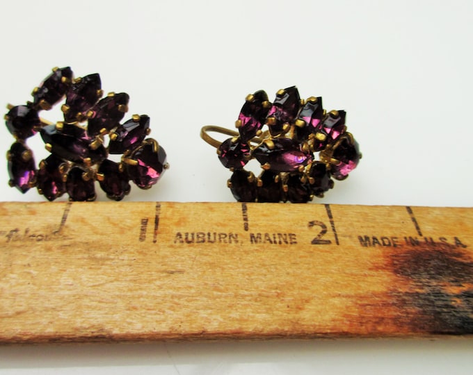 Czech Purple Rhinestone Earrings screw back gold plated mid century