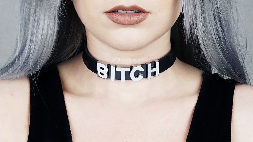 BITCH Choker Black Vinyl Choker Collar Faux Leather PVC