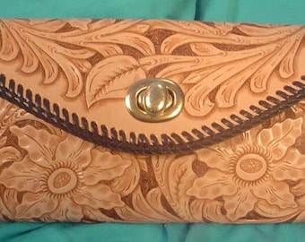 Incredible Hand-Tooled Leather Clutch Purse - L102