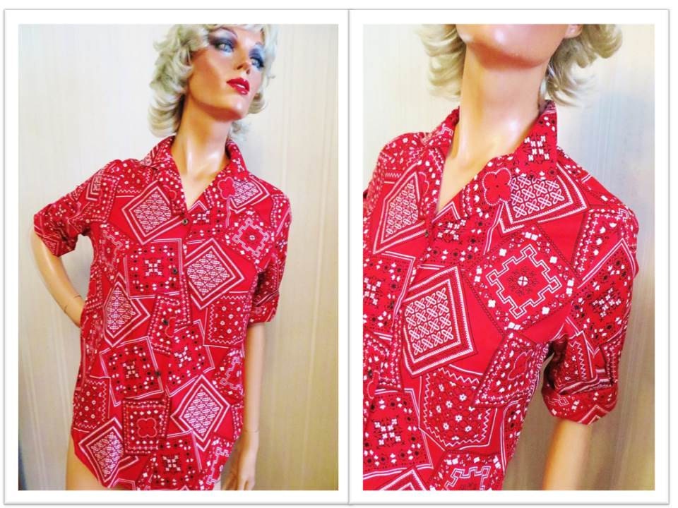 Vintage 50s Blouse Red Cotton Blouse Roll Up Sleeves Red