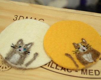 Gift Idea: A Set of 2 Needle Felted Coasters (Kitty Cats)