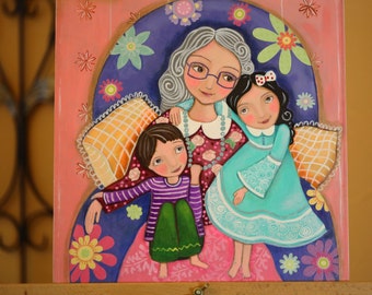 Original Mixed Media painting On canvas-wood panel 12x12 inch (30.5X 30.5 cm) "Grandma we love you", Evona