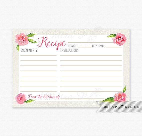 Pink Rose Recipe Cards Printed or Printable Watercolor