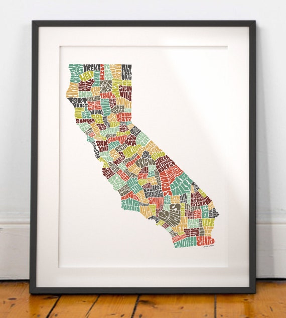 California Typography Map Art Print signed color by joebmapart