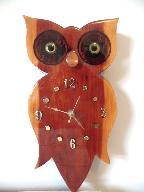1970s Hand Carved Wood OWL Wall Clock 70s Home Decor BIRD