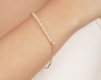 Gold Pearl Bracelet Tiny Pearl Bar Bracelet layered bracelet Delicate Bridal gold filled bracelet blush wedding jewelry.