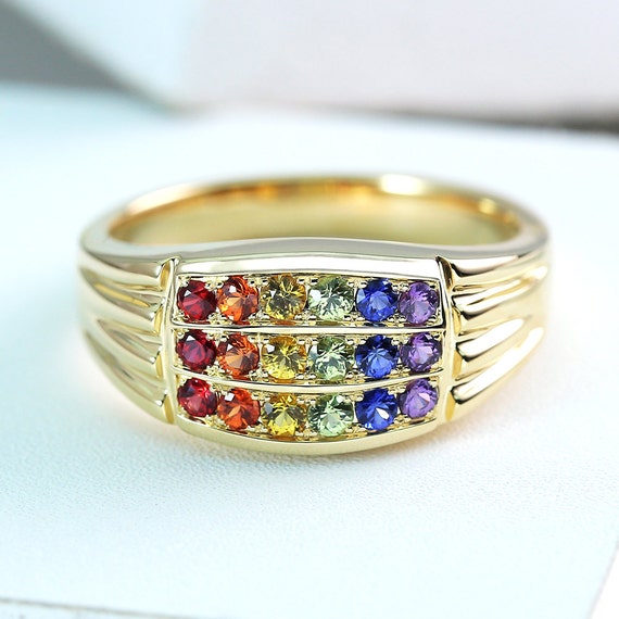 Mens Rainbow Ring 14K Yellow Gold Unisex Unique Natural
