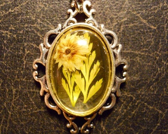 Yellow Pressed Flower Open Back Preserved Specimen Necklace