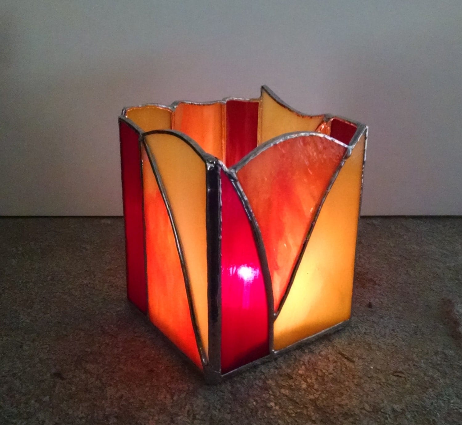 Stained Glass Candle Holder Abstract Geometric Design Red