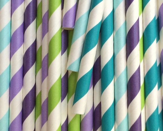 25 little mermaid striped paper straws mix blue turquoise purple