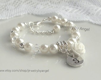Flower Girl Bracelet Rose Flower Pearl Hand Stamp Letter Charm Bracelet Wedding Jewelry Flower Girl Jewelry