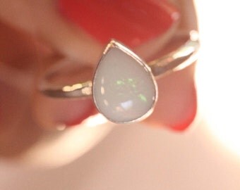 Natural Solid White Opal Ring, Teardrop shaped Ring, Hand Hammered band in Solid 925 Sterling Silver, Boho Rings, Stack Rings, Gemstone Ring