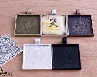 10- Blank Bezel Settings Pendant Trays- 1 inch 25mm Square Pendant Blanks- 5 Colors to Choose From.