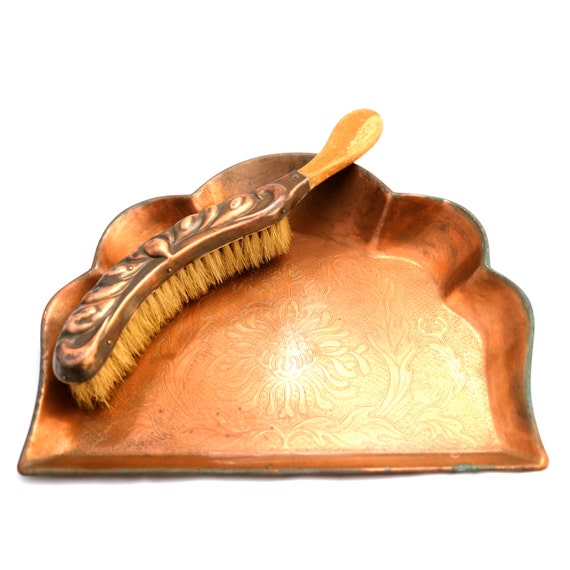 Antique Victorian Crumb Dustpan & Brush, Table Crumb Sweeper, Copper