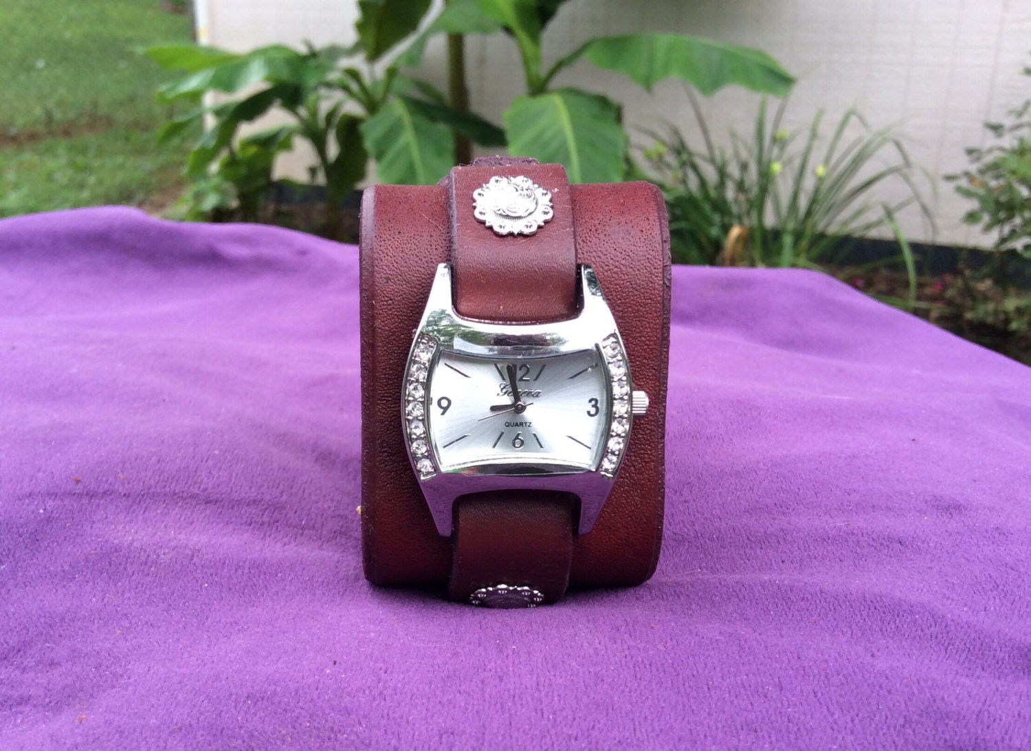 Women's Burgundy Leather Cuff Watch with Rhinestone Face