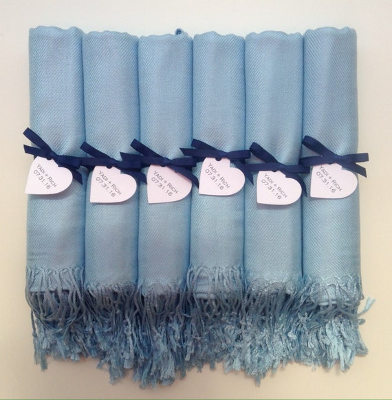 Baby Blue Shawls with Navy Ribbon and Heart Favor Tags, Set of 8, Pashmina, Scarf, Wedding Favor, Bridal Shower, Bridesmaids Gift, Wraps