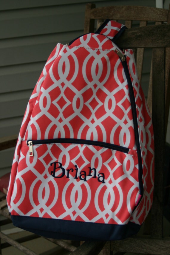 Monogrammed Tennis Racket Bag Coral Navy Trim by DoubleBMonograms
