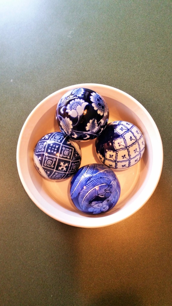 Blue and White Carpet Balls Hand Painted by PotsandPetticoats