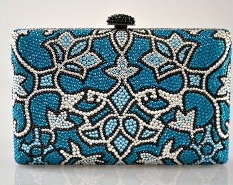 Swarovski ELEMENTS Patterned Minaudiere Blue aqua Silver Crystal Metal case rectangle box clutch purse bag