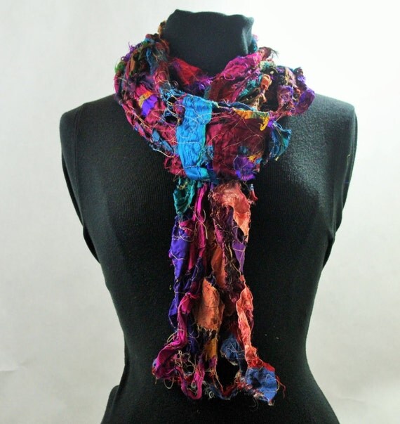 Jewel tone women's light wieght scarf 10 X 84 suri recycled silk