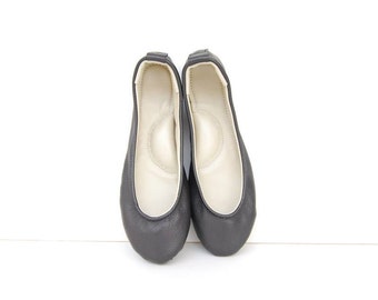Handmade black leather ballet flat slipper shoes custom made