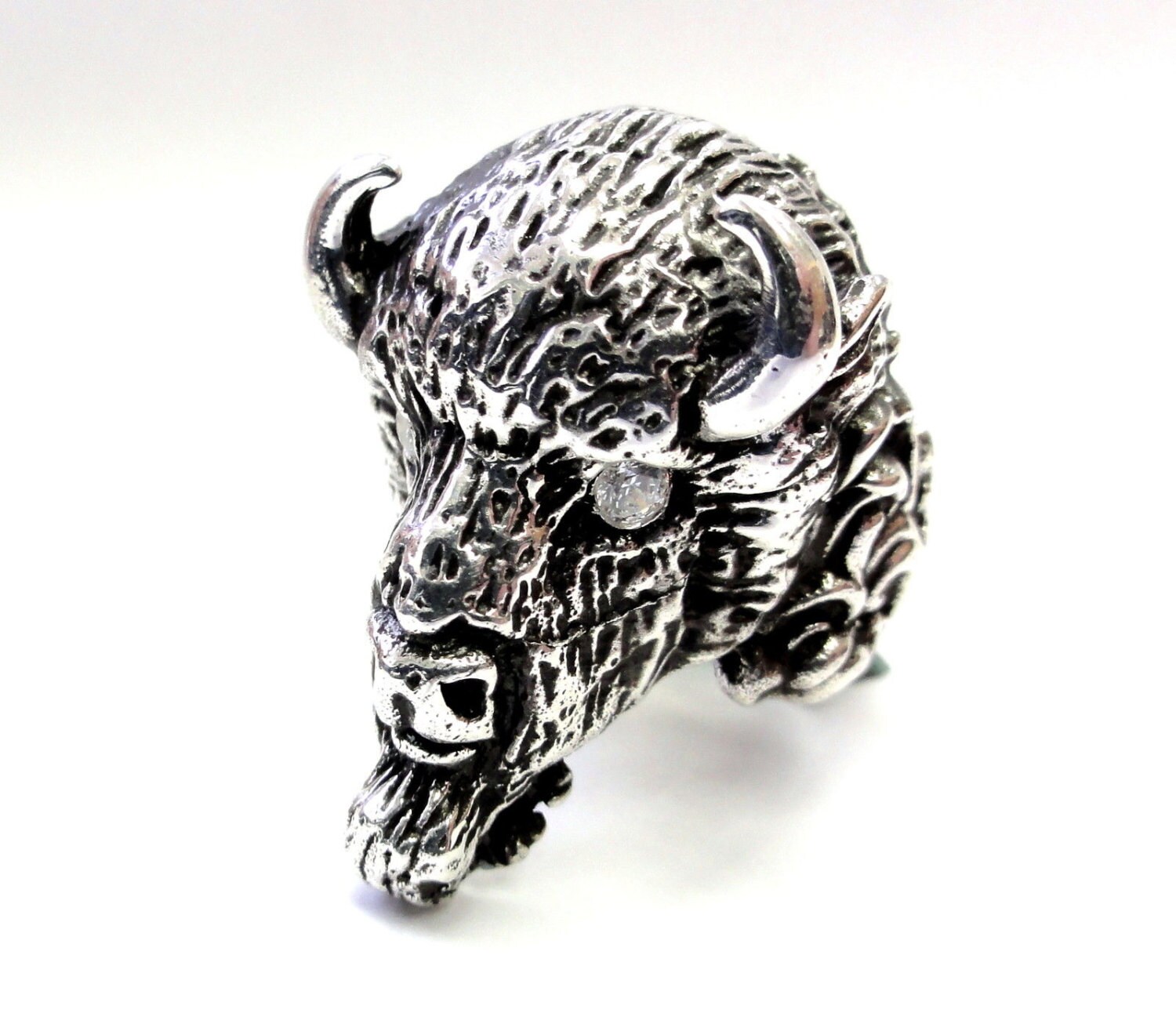 Men's Silver Buffalo Ring With Natural White Diamonds By