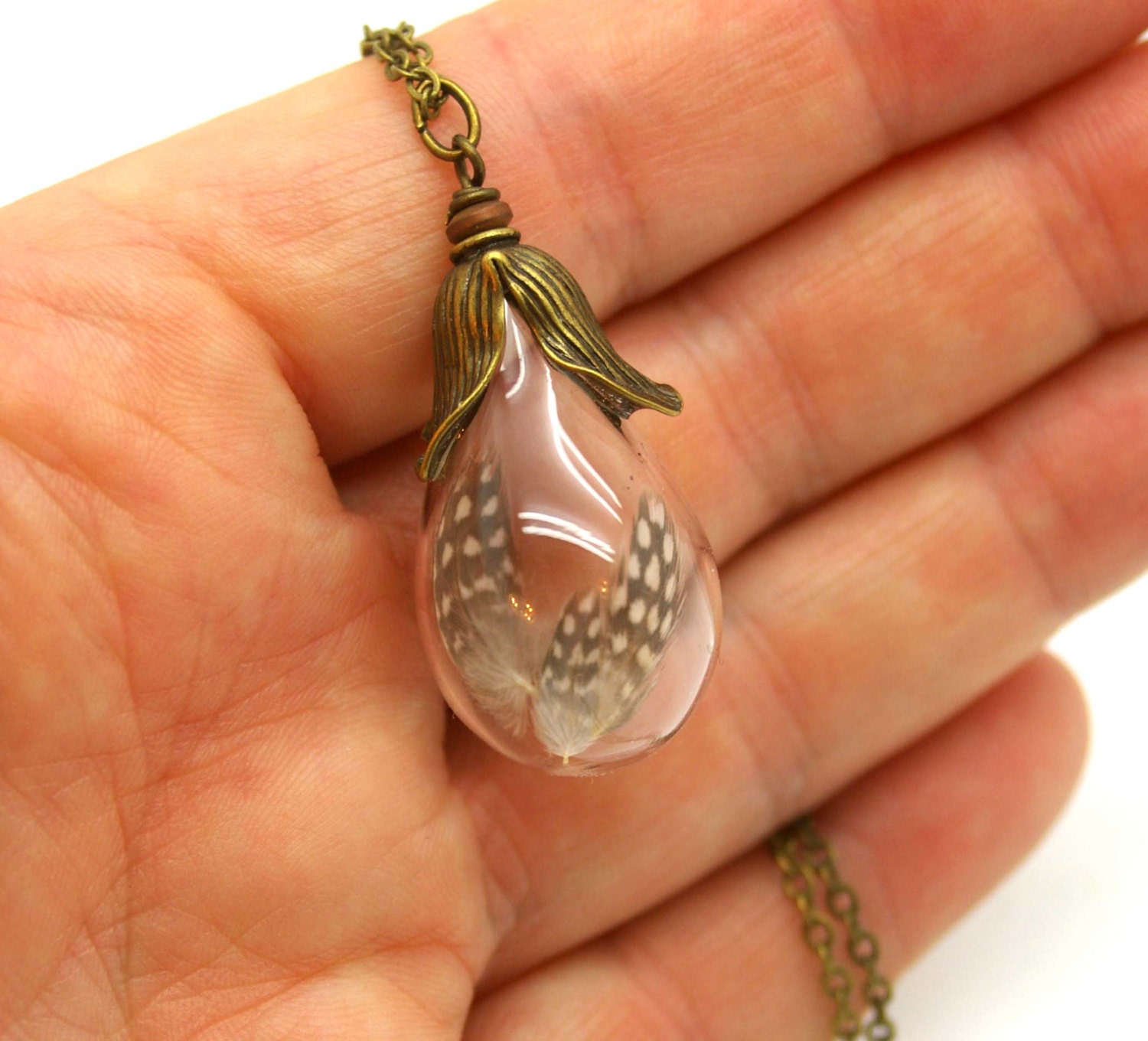 Feather Necklace Spotted Feather in Glass Globe Necklace