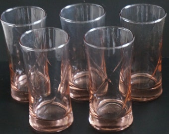 FREE SHIPPING, Vintage, Set of Five Pink Swirl Glasses