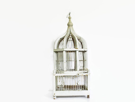 Rustic White Wooden Bird Cage, Vintage Victorian Bird Cage, Shabby Chic Wood and Wire Bird Cage, Chippy Distressed White Paint