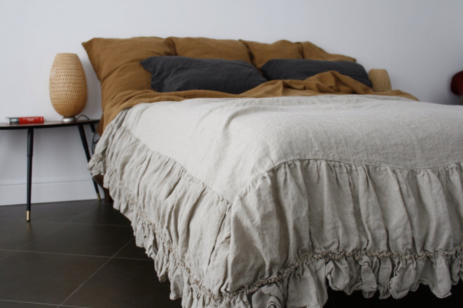 LINEN COVERLET with two ruffles. Linen bedspread dust ruffle.