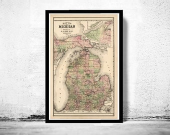 Old vintage map of Michigan 1885